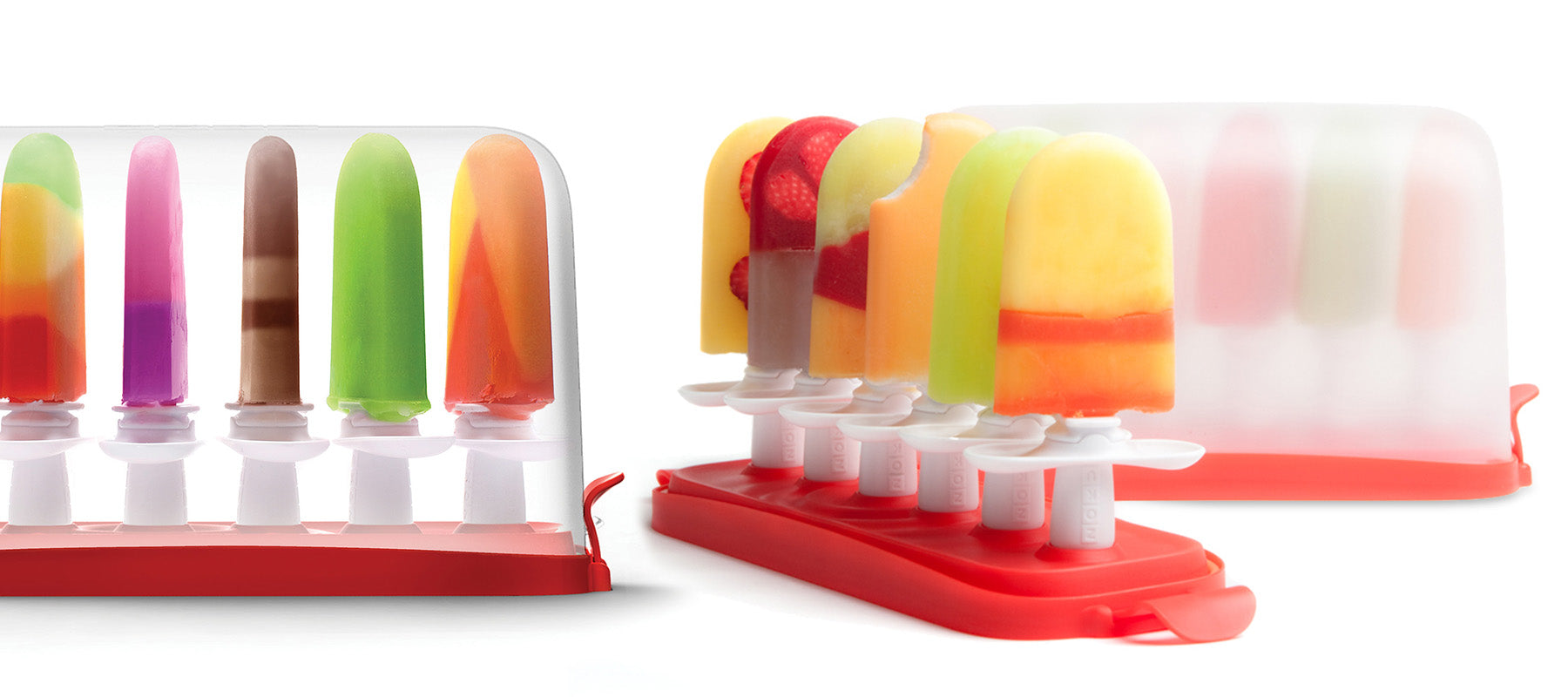  Two ZOKU Quick Pop Maker Storage Cases lined up next to each other, showcasing an assortment of Quick Pops.