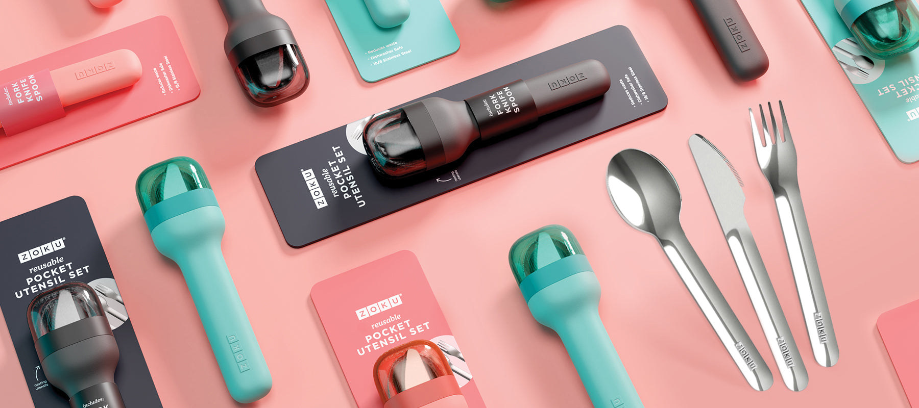  ZOKU's Pocket Utensils in Peach, Teal, and Charcoal colors, displayed in packaging and without for a closer look at their sleek design.