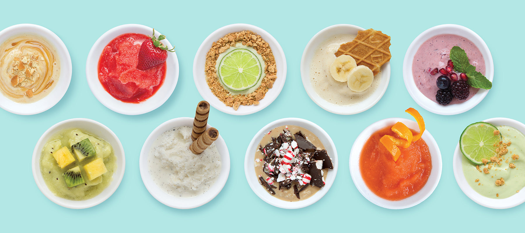  An aerial view of the ZOKU Slush and Shake Maker shows a variety of different frozen drink recipes.