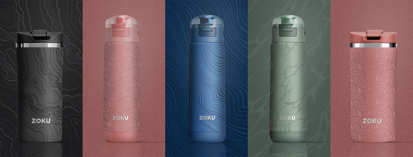 Side-by-side images of five slender ZOKU vacuum insulated sports bottles in a Pink Geometric, Blue Wavy,  Green Marble and Black Marble design.  